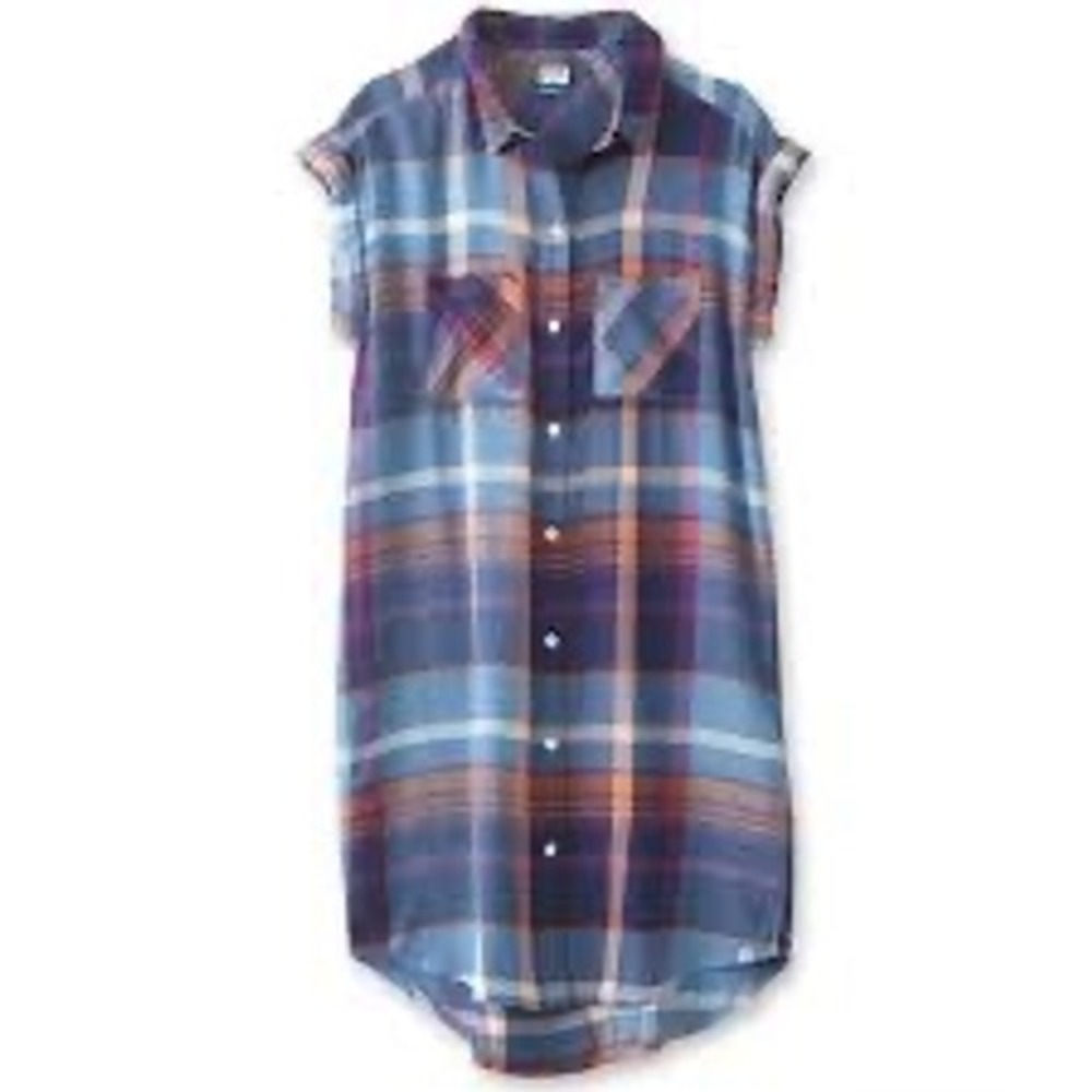 Kavu Womens Plaid Sleeveless Button Down Tunic Makayla Dress Blue Purple Medium